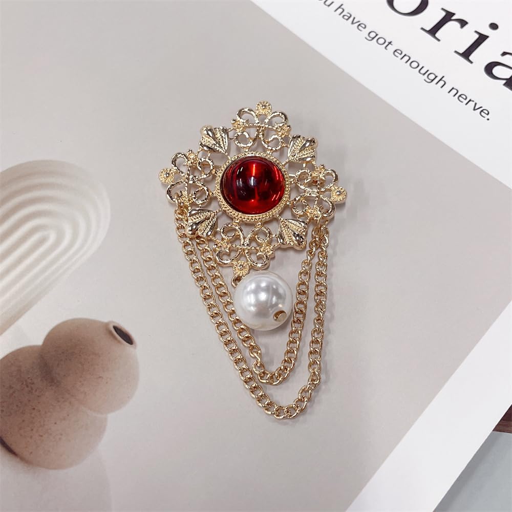Vintage Round Simulated Pearl Filigree Flower Chain Tassel Brooches Lapel Pins for Women Girls Party Dance Banquet Dainty Boho Dangle Drop Pin Dress Suit Clothes Accessories Jewelry (Red)