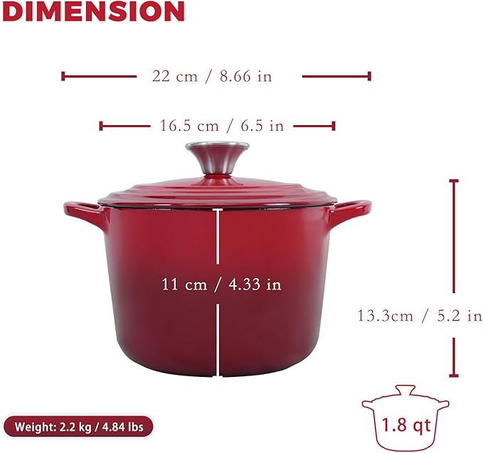 Flavehc Dutch Oven Pot with Lid 1.8 qt Cast Iron Dutch Oven for Bread Baking Red Enameled Cast Iron Rice Pot with Handels