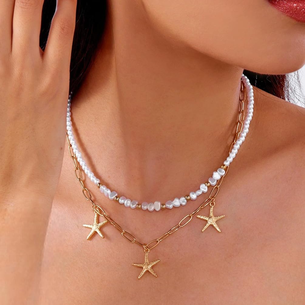 Charm 14k Gold Plated Starfish Beaded Pearls Vacation Necklace For Women, Beach Layered Star Pendant Necklaces Beachy Party Jewelry Gifts Accessory (Gold)