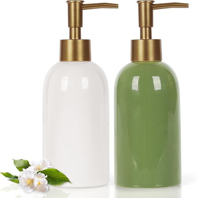 Natheeph 2PC 14OZ Ceramic Soap Dispenser Ceramic Soap Pump Dispenser Can Fill Liquid for Bathroom/Kitchen (White + Green)