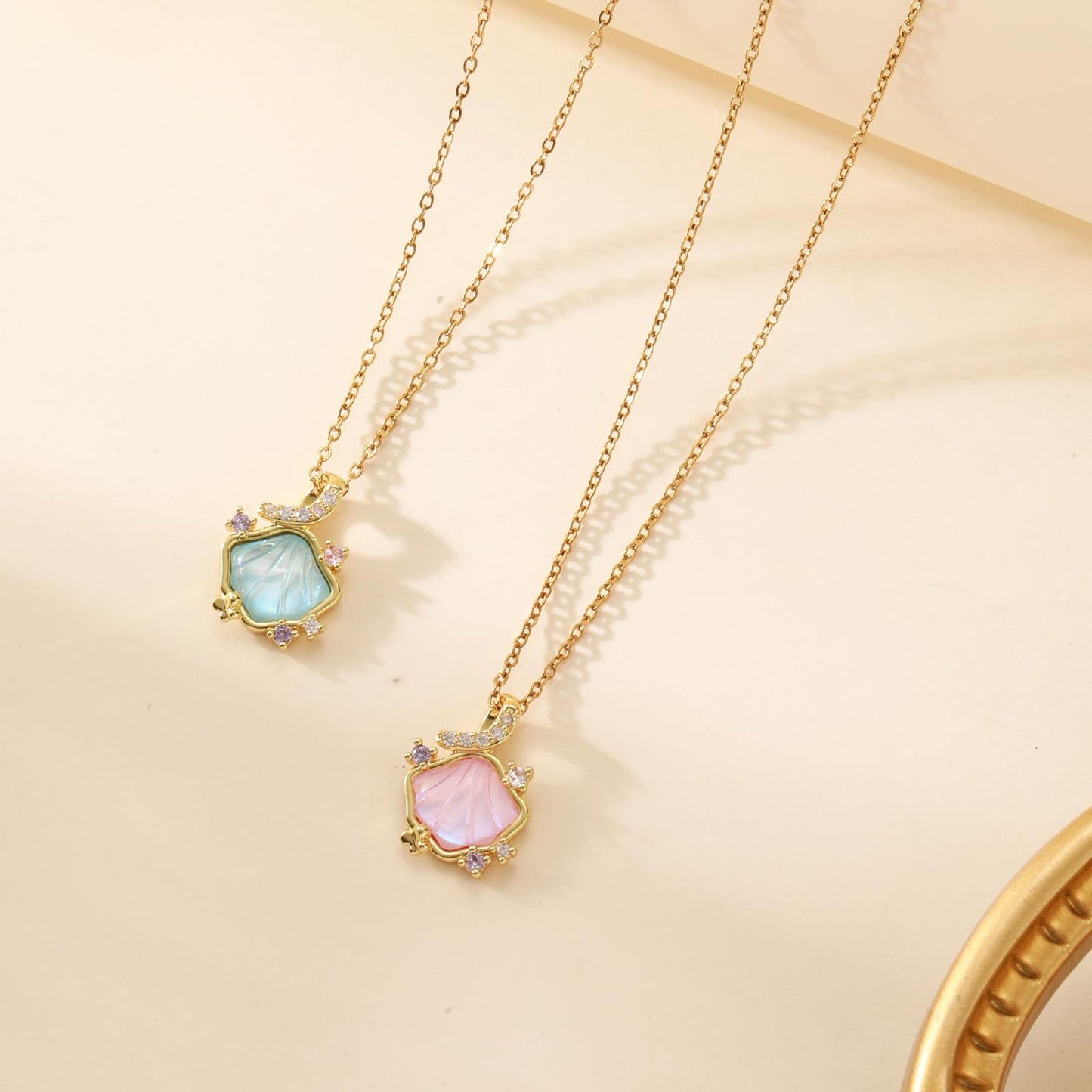 Pink Resin Seashell Necklace-Gold Plated CZ Shell Necklace Mother Of Pearl Beach Jewelry For Women Valentine's Day Mother's Day Christmas Birthday Gifts