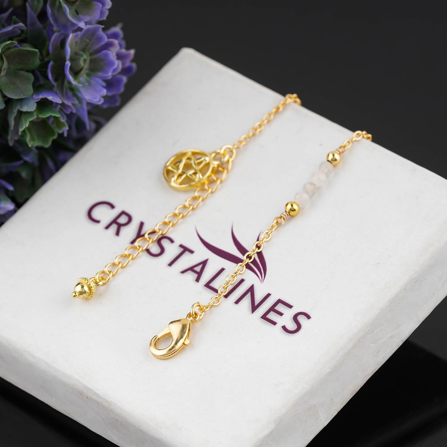 CRYSTALINES Natural Rainbow Moonstone Gemstone Beads, Handmade Station Dangle Star Charms Anklet, 14K Gold Plated, Adjustable Fashion Boho Jewelry for Women, Healing Crystals, Christmas Gift