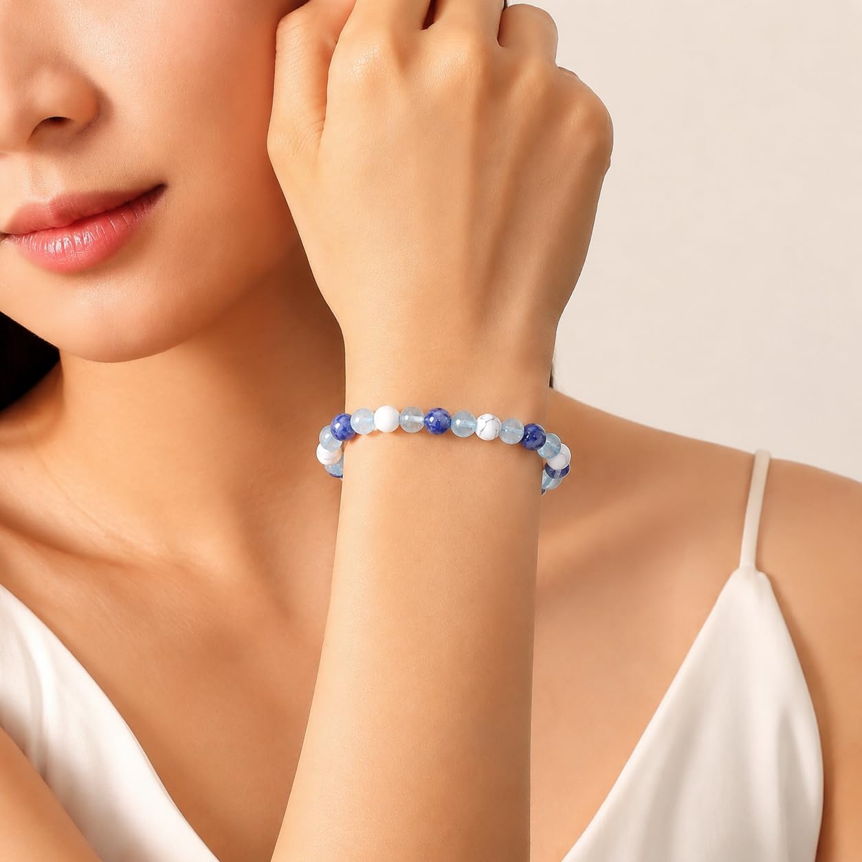 NUKAYAI Calming Bracelet for Women Gifts Healing Crystals Howlite Sodalite Aquamarine Jewelry Natural Stones for Women Friend Sister
