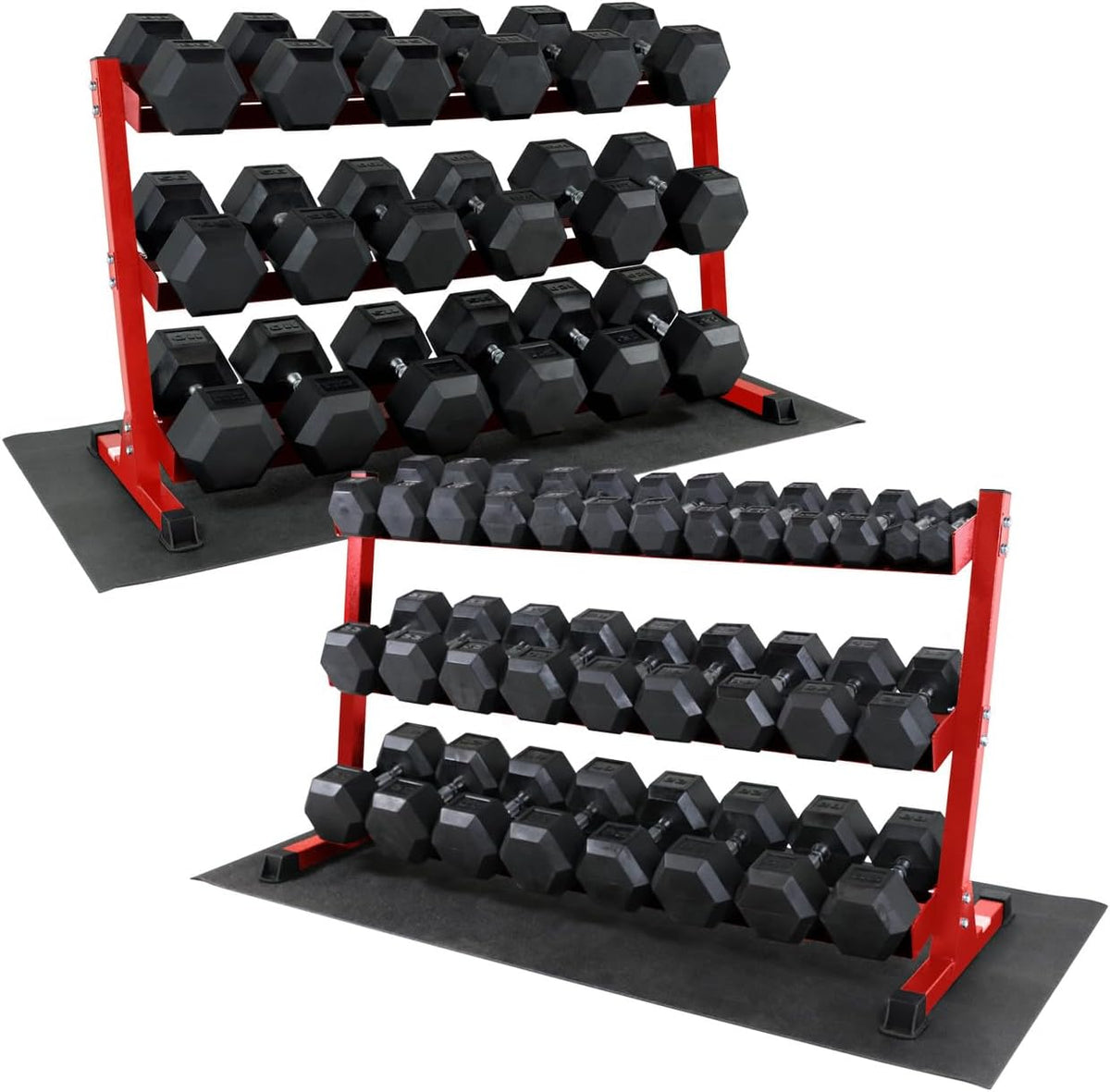 WF Athletic Supply Rubber Coated Hex Dumbbell Set, Multiple Choices Available - Dumbbells with Rack Stand and Mat, or Dumbbells Only (200/550/1200/2100/3000 LB)