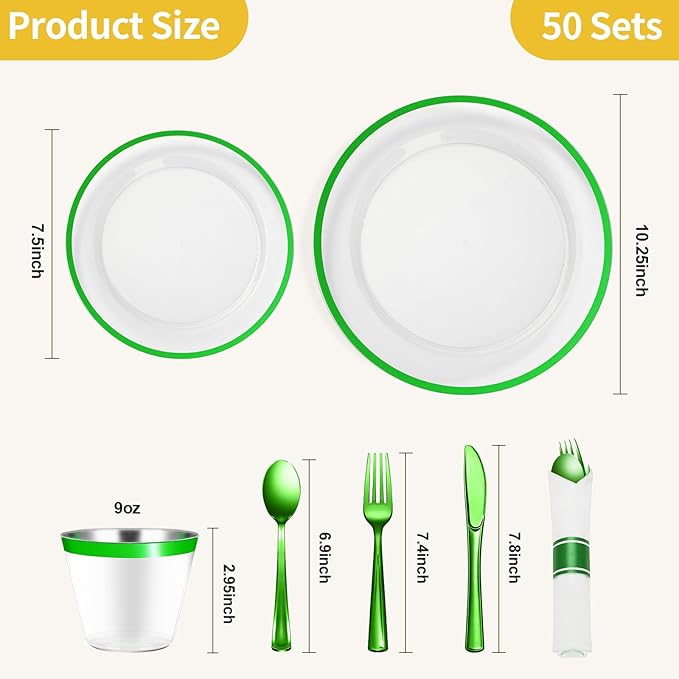 Goodluck 350 Piece Green Plastic Dinnerware Set for Party, Clear Disposable Plates for 50 Guests, Include: 50 Dinner Plates, 50 Dessert Plates, 50 Pre Rolled Napkins with Cutlery Set, 50 Cups