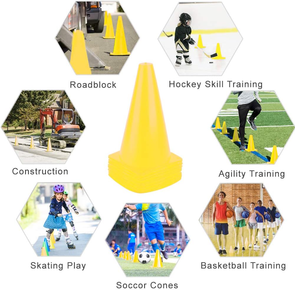 9 Inch Plastic Training Traffic Cones, Sport Cones, Agility Field Marker Cones for Soccer Basketball Football Drills Training, Outdoor Activity or Events - (Set of 10, 12, 15 or 24, 4 Colors)
