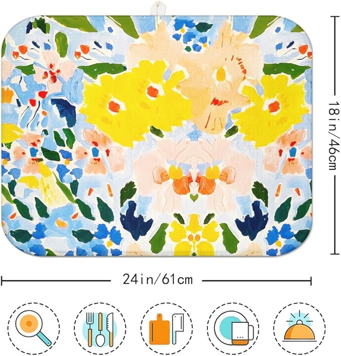 Blue and Yellow Floral Large Dish Drying Mats, Reversible Dish Drying Pads for Kitchen Counter Foldable and Stored in a Drawer,18"x24" Extra Large Draining Mat Protect for Kitchen,Bar Counter