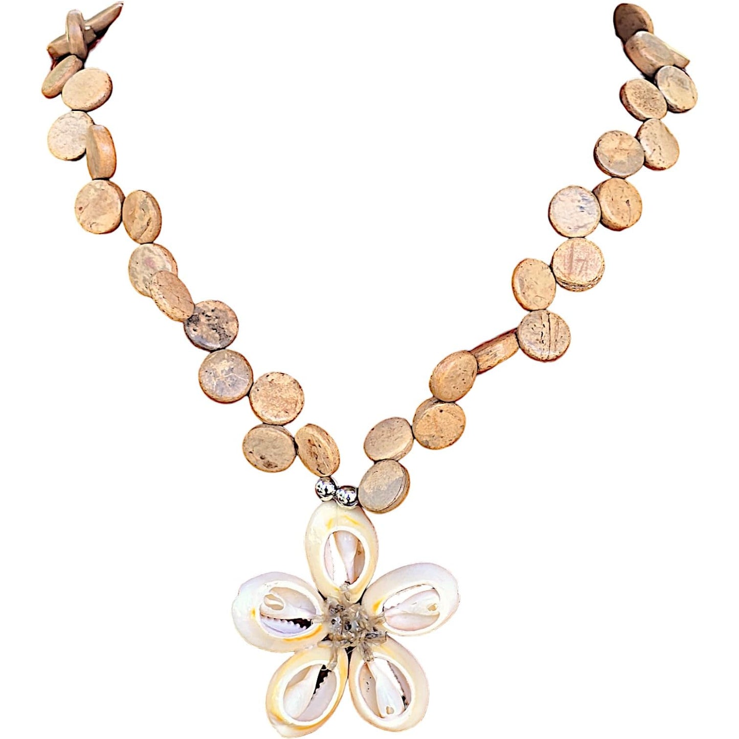 BlueRica Cowrie Shells Flower on Tan Coconut Shell Disc Beads Necklace