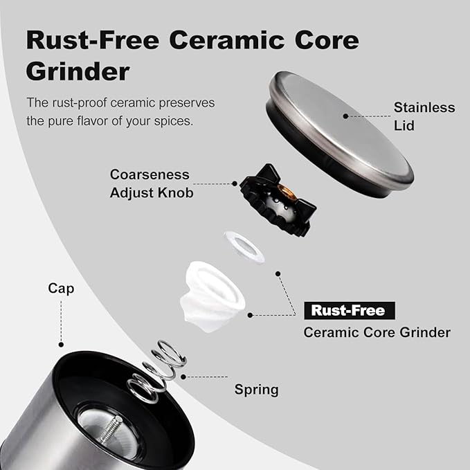 Aelga Pepper Grinder with Silicone Funnel - 4oz Glass Manual Mills with Adjustable Ceramic Core & Stainless Steel Sleeve, Refillable Kitchen Gadget