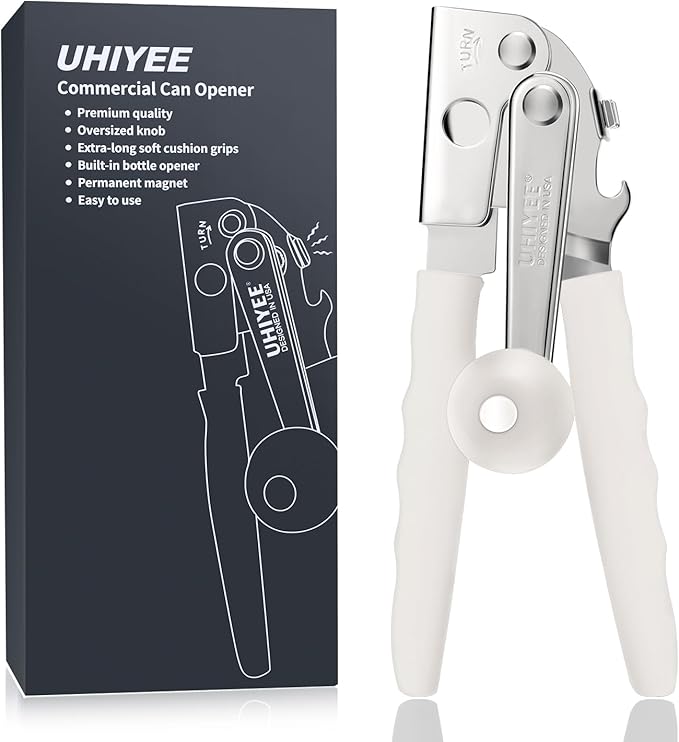 Commercial Can Opener, UHIYEE Hand Crank Can Opener Manual Heavy Duty with Comfortable Extra-long Handles, Oversized Knob, Large Handheld Can Open Easy for Big Cans, White