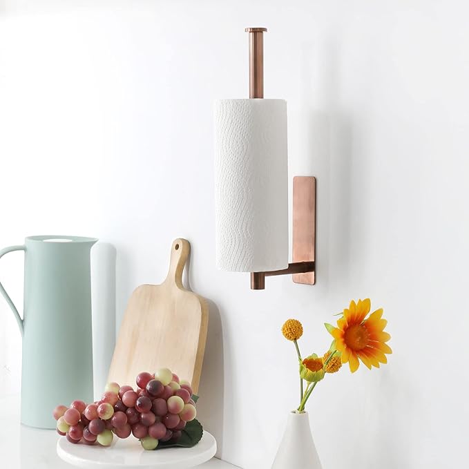 theaoo Rose Gold Paper Towel Holder - Under Cabinet Paper Towel Holder for Kitchen, Adhesive Paper Towel Roll Rack for Bathroom Towel, Wall Mounted Paper Towel Rack, SUS304 Stainless Steel