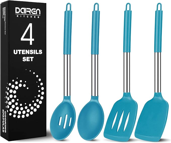 Pack of 4 Large Silicone Cooking Spatulas and Spoons, Slotted and Solid Stainless Steel Cooking Utensils Set, Non-stick Heat Resistant Kitchen for Baking, Fried, Stir-Fry, Mixing, Serving (Blue)