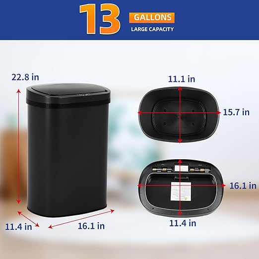 Stainless Steel Kitchen Trash Can Bathroom Bedroom Office Waste Bin with Lid Automatic Sensor Touch Free Garbage Can 13 Gallon / 50L,Black