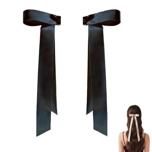 ASTRULUME 2Pcs Magnetic Hair Bows, Satin Ribbon coquette Bow Clips with Strong Hold No-Slip Design, 2-in-1 Instant Snap-On Hair Accessories for Women Girls(Black)