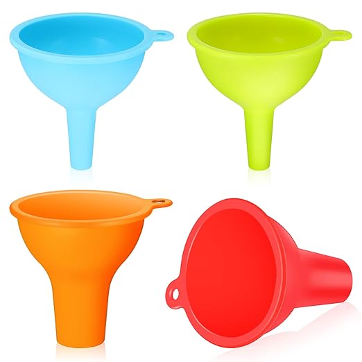 Silicone Funnels 4 Pieces Wide Mouth Funnel Small and Large Flexible Condiment Sauce Canning Set for Squeeze Bottles Jars Cans, Spice Filling Bottles Liquid Oil and Powder(Multi Color)
