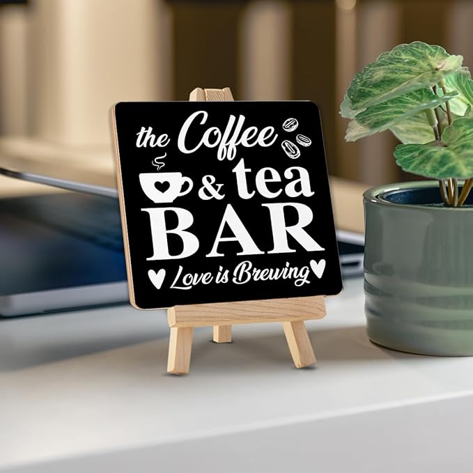 Coffee Bar Decor, Coffee Tea Bar Wood Sign with Easel Home Kitchen Desk Shelf Table Tabletop Decor