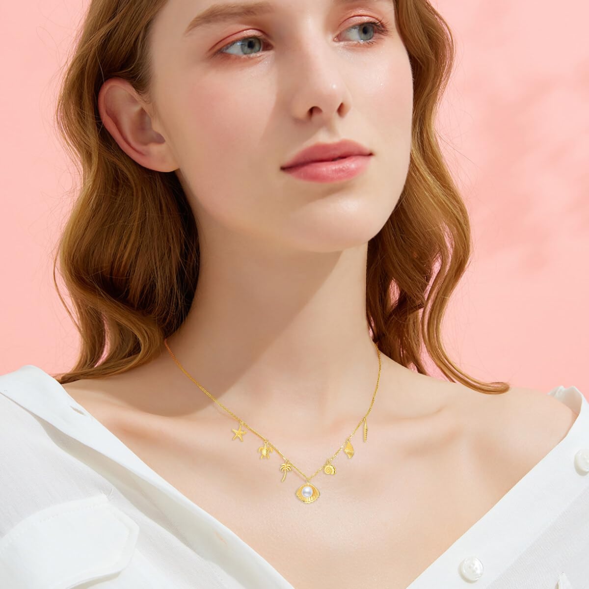 Real Pearl Beach Necklace for Women 18K Gold Plated Starfish Conch SeaShell Pendant Summer Beach Vacation Jewelry Gift for Birthday