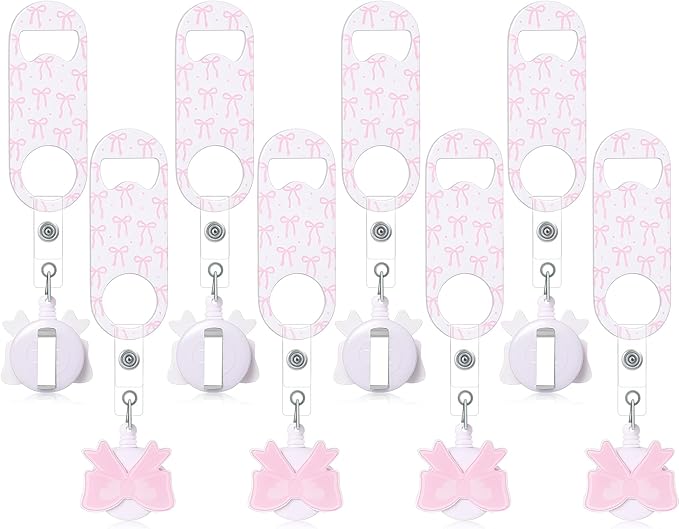 Honoson 8 Pieces Retractable Flat Bottle Opener Bartender Beer Opener with Round Badge Reel Clips Holder Bar Keys for Bartender Gifts Kitchen Home Party Supplies (Bow,Pink)