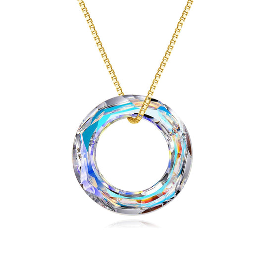 AOBOCO 925 Sterling Silver Circle Necklace with Austrian Crystal, Jewelry for Women Birthday Gift Christmas Holiday Gift (Dia 0.78" Gold Plated)