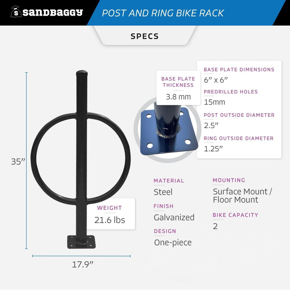 Sandbaggy Post and Ring Bike Rack - Commercial Bike Racks - Galvanized Steel - Anti-Theft Design - In Ground, Apartments, Sidewalks, Industrial (Green, 10)