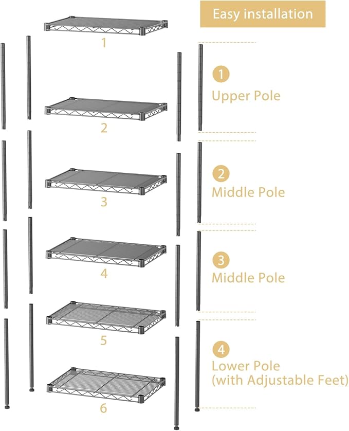 SINGAYE 6 Shelves Bathroom Organizers and Storage Shelf Wire Closet Metal Pantry Kitchen Small Garage Shelving Unit Laundry Room Organization Home Tall Rack Balck 10" D x 16" W x 60”H