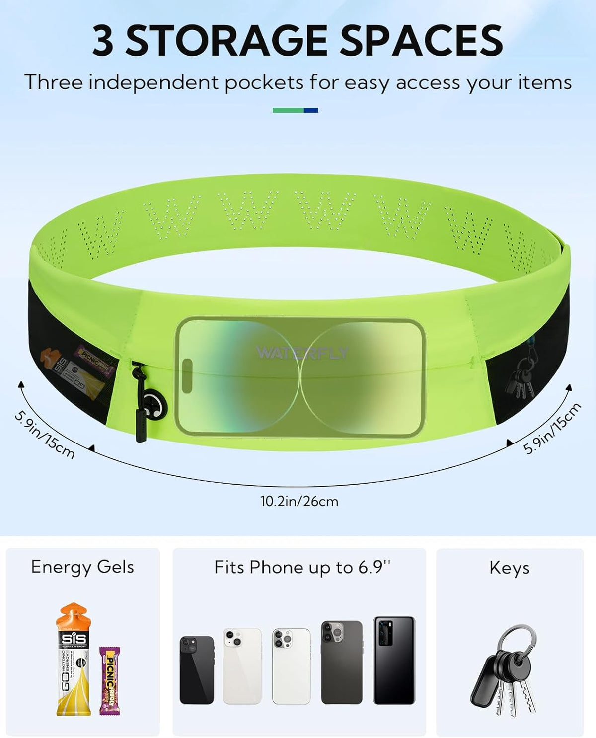 WATERFLY Running Belt Fanny Pack: Slim Waist Bag for Men Women, Workout Fitness Phone Holder for Exercise Marathon Jogging-Fluorescent Green