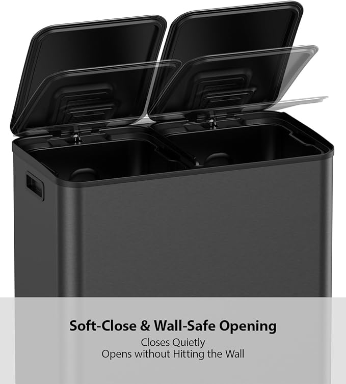 Lovewind Dual Trash and Recycling Bins for Kitchen, 2 * 11-Gallon Stainless Steel Double Trash Can, Step-On Garbage and Recycle Combo, Quiet Close, Pet-Proof, Compatible with 13-Gallon Bags, Black