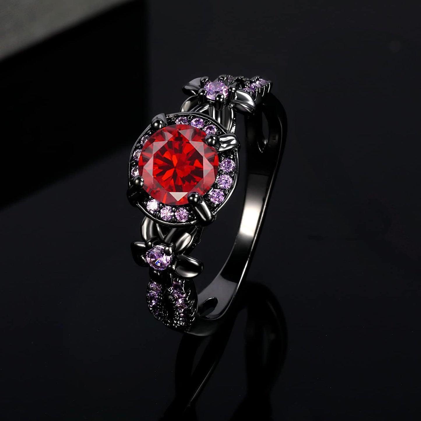 Vintage Black Gold Plated Ring with Created Garnet Gemstone, Purple CZ Accents, Wedding Engagement Band, Sizes 5-10 (7)