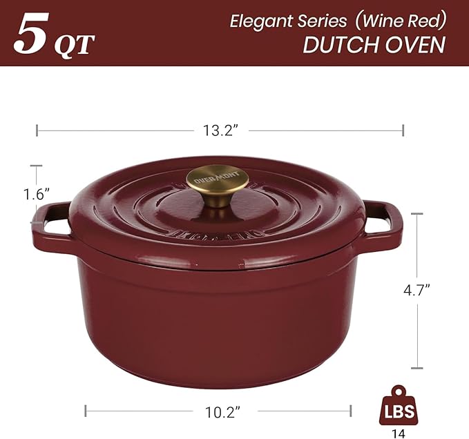 Overmont Enameled Cast Iron Dutch Oven - 5QT Pot with Lid Cookbook & Cotton Potholders - Heavy-Duty Cookware for Braising, Stews, Roasting, Sourdough Baking burgundy