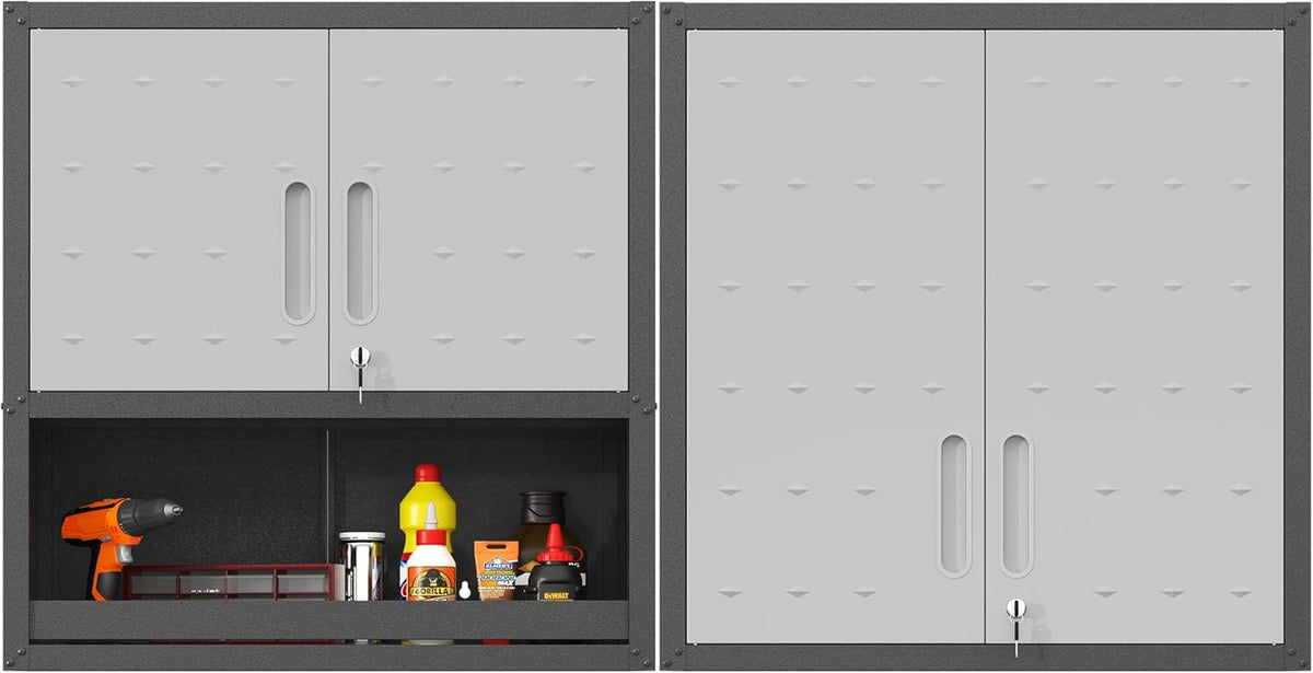 Metal Tool Cabinet,Garage Storage Cabinet System,Wall Cabinet & Locking Rolling Tool Cabinet with Doors and Adjustable Shelves,Steel Tool Cabinets for Home,Office (2 Pcs-StyleA, Black & Grey)