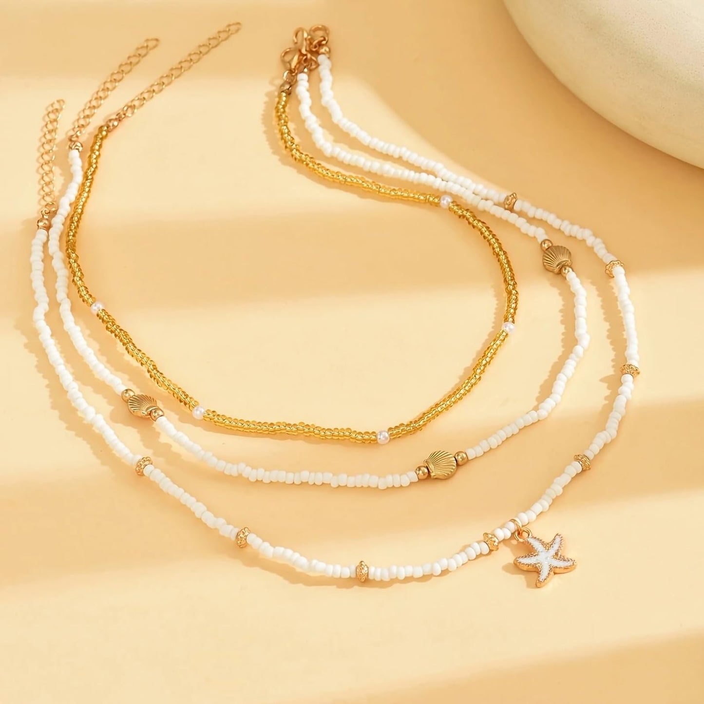 Shell Starfish Necklace for Women, 14k Gold Plated Boho Layered Beaded Charm Pendant Necklace, Dainty Adjustable Pearl Conch Summer Beach Vacation Jewelry Gifts(Starfish 3pcs)
