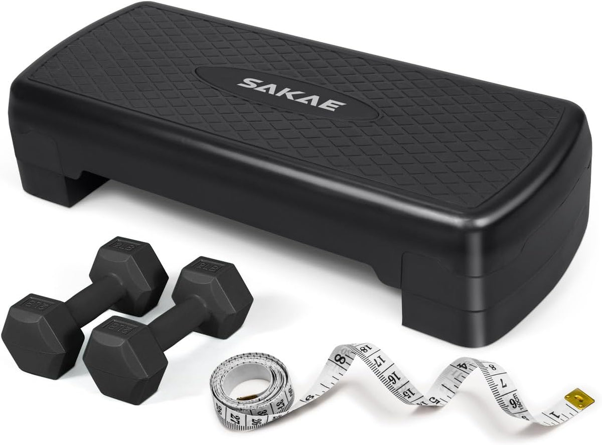 Adjustable Height Aerobic Stepper Set, Multiple Bundle Options with Dumbbells, Kettlebell, Waist Trimmer, Ankle Weights or Weighted Vest, Workout Exercise Step Platform w/Level Risers, 4 Colors