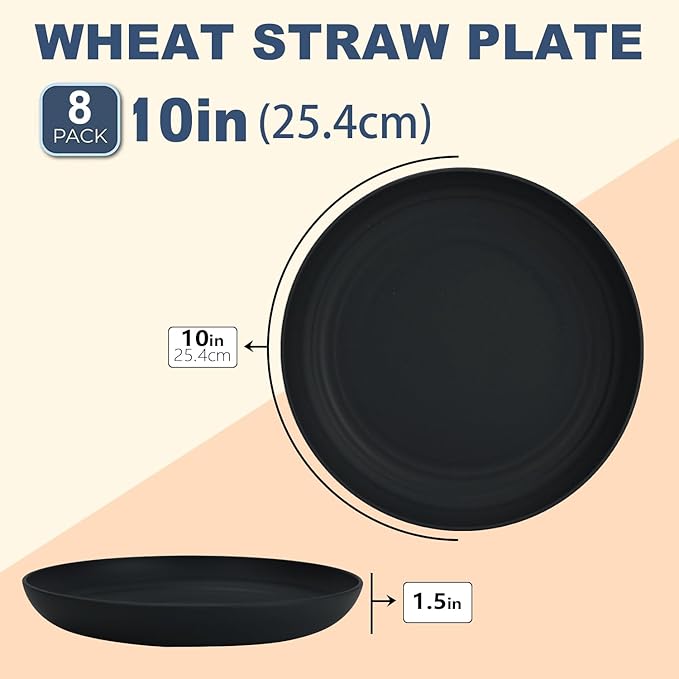 Wrova Wheat Straw Plates - 10 Inch Unbreakable Dinner Plates Set of 8 - Dishwasher & Microwave Safe Plastic Plates Reusable - Lightweight Plate for kitchen,camping (Pure Black)
