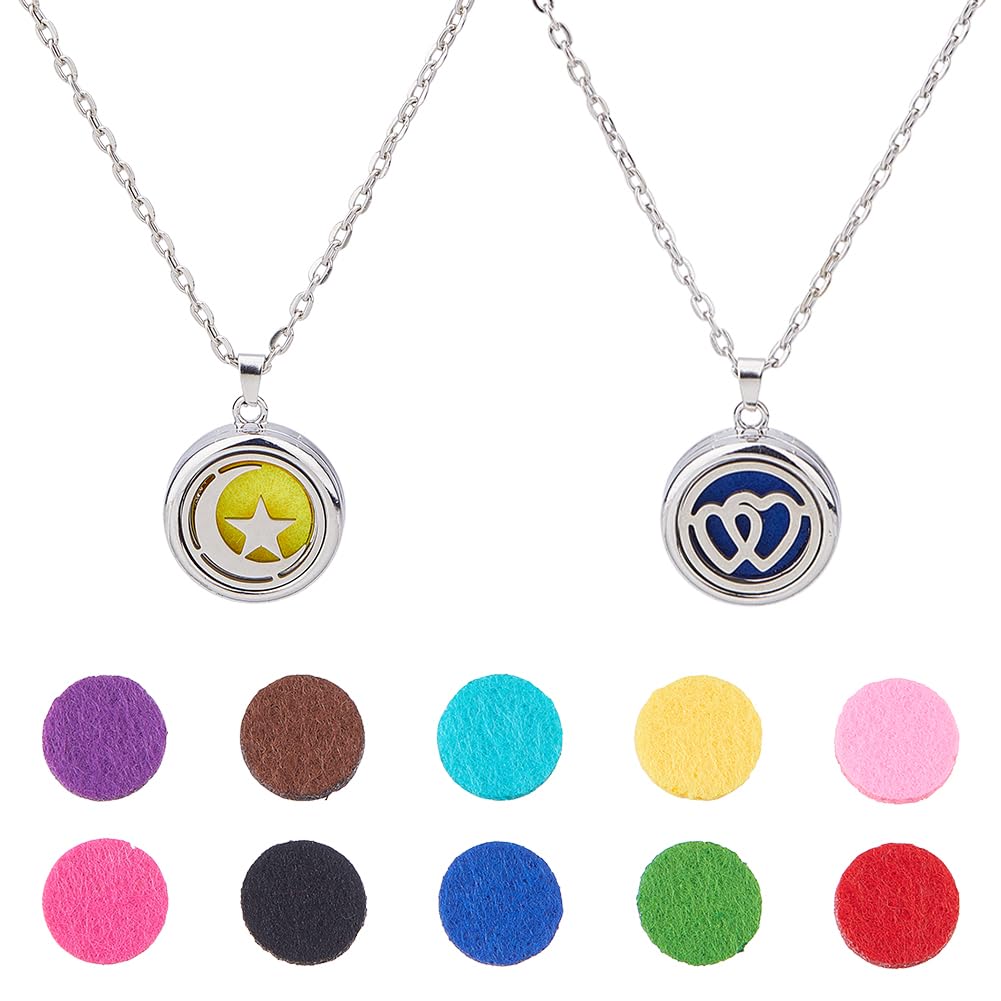 Hobbspring Necklace 2Pcs Aromatherapy Essential Oil Diffuser Necklace 2 Styles Stainless Steel Oil Pendant with Felt Pads Moon Star and Double Heart Aromatherapy Locket Necklaces Gift for Woman Men