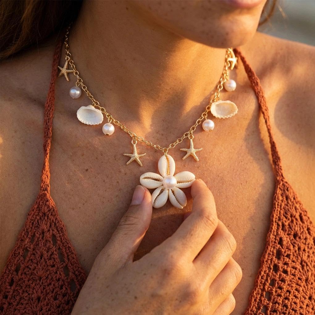 Gold Starfish Seashell Flower Charms Necklace for Women, Boho Adjustable Pearl Chain Choker Necklace Vintage Beachy Statement Jewelry Vacation Gifts (White)