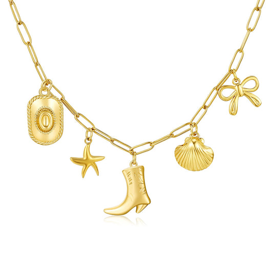 Dckazz Coastal Cowgirl Charm Necklace Choker 14K Gold Plated Shell Starfish Beach Charm Necklace Trendy Summer Jewelry for Women