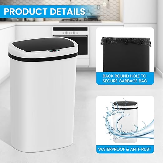 13 Gallon Trash Can,50Liter Plastic High-Capacity Automatic Kitchen Trash Can with Lid,Motion Sensor Touch Free Garbage Cans for Bathroom, Bedroom, and Kitchen (3,White)