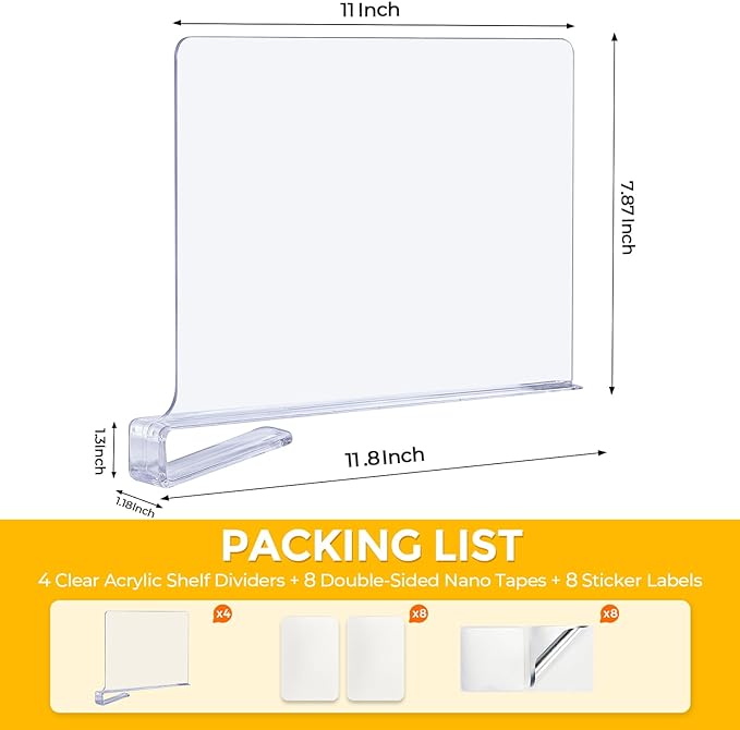 JOY DECOR 8 Pack Acrylic Clear Shelf Dividers for Closets Organizer and Storage Adjustable Vertical Wood Shelf Closet Separators for Clothes,Book,Bags in Bedroom and Kitchen