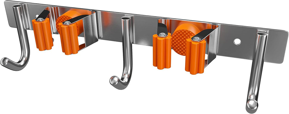 Heavy Duty Broom and Mop Holder Wall Mounted with 2 Rubber Grip Slots & 3 Utility Hooks – SUS304 Stainless Steel, Waterproof, Self Adhesive or Drill Mount, for Garage, Laundry, Kitchen & Closet Use