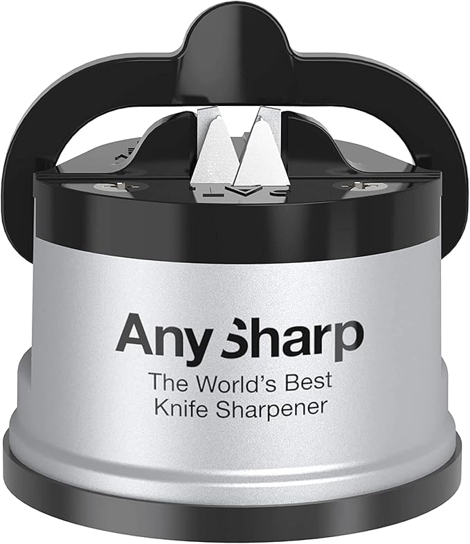 AnySharp – GLOBAL – Hands Free Knife Sharpener - Easy to Use Sharpening Tool with PowerGrip Suction Base and 20-Degree Pre-set Angle - For All Knives: Chef’s, Serrated, and Hardened Steel - Silver