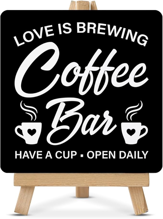 Coffee Signs, Coffee Bar Wood Sign with Easel Home Kitchen Desk Shelf Tabletop Table Decor