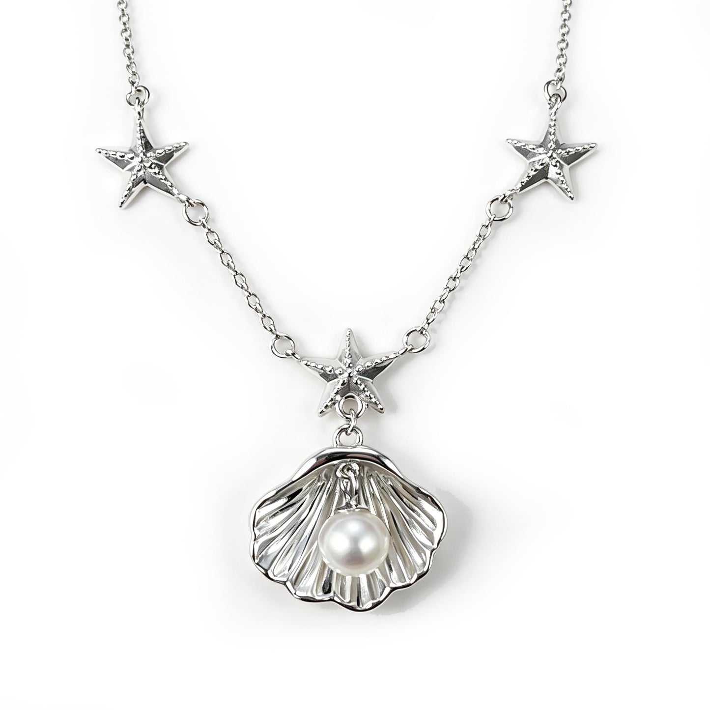 Shell Necklace for women, 925 Sterling Silver Pearl Necklace for Summer Beach Vacation, Shell Starfish Pendant for Birthday Anniversary Valentine's Day Ideal Gift (Pearl)