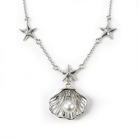 Shell Necklace for women, 925 Sterling Silver Pearl Necklace for Summer Beach Vacation, Shell Starfish Pendant for Birthday Anniversary Valentine's Day Ideal Gift (Pearl)