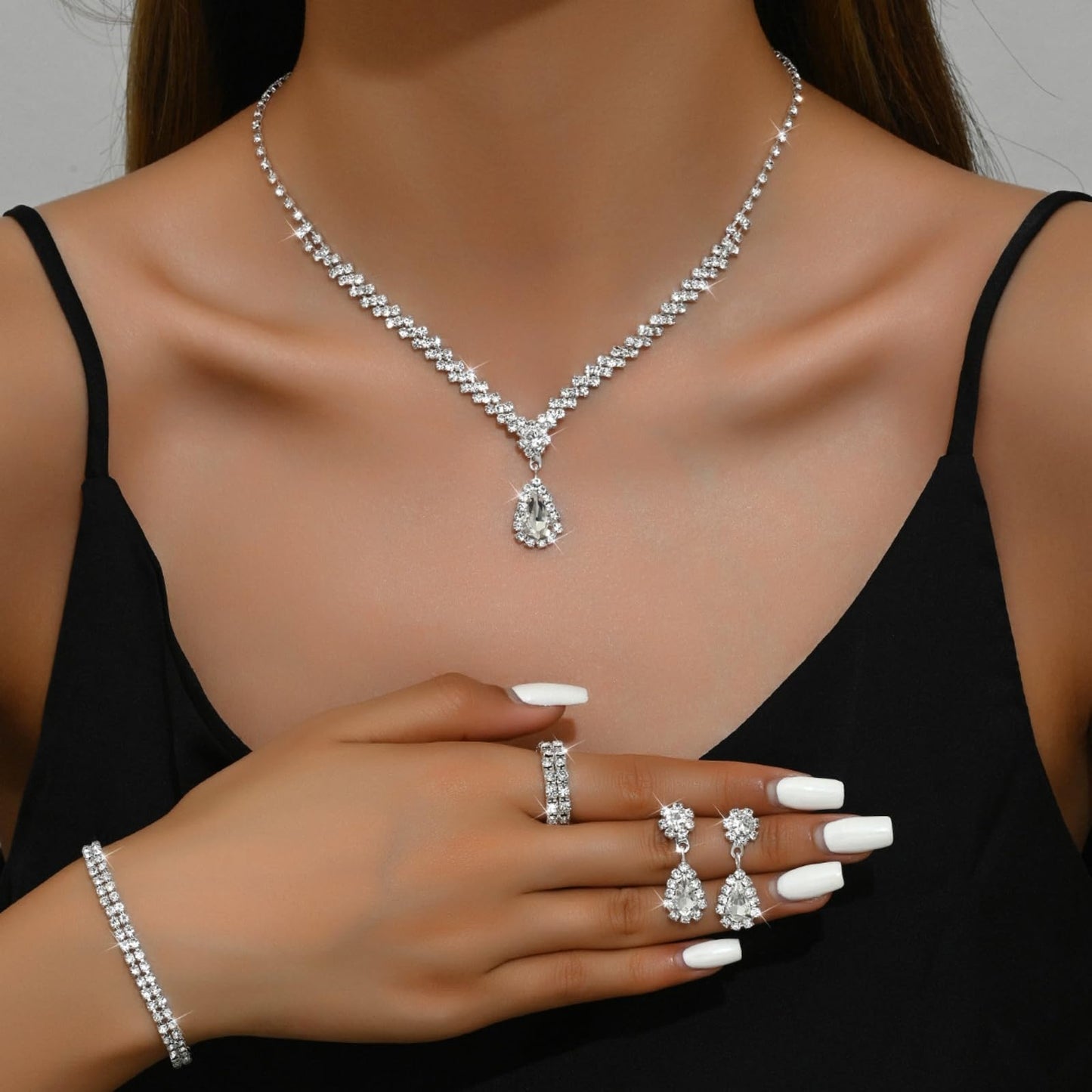 IS4U Rhinestone Water Drop Set for Women Bridal Wedding Vintage Colourful Crystal Zircon Statement Necklace Ring Earrings Bracelet Set Party Dress Ball Fashion Jewellery (Silver)