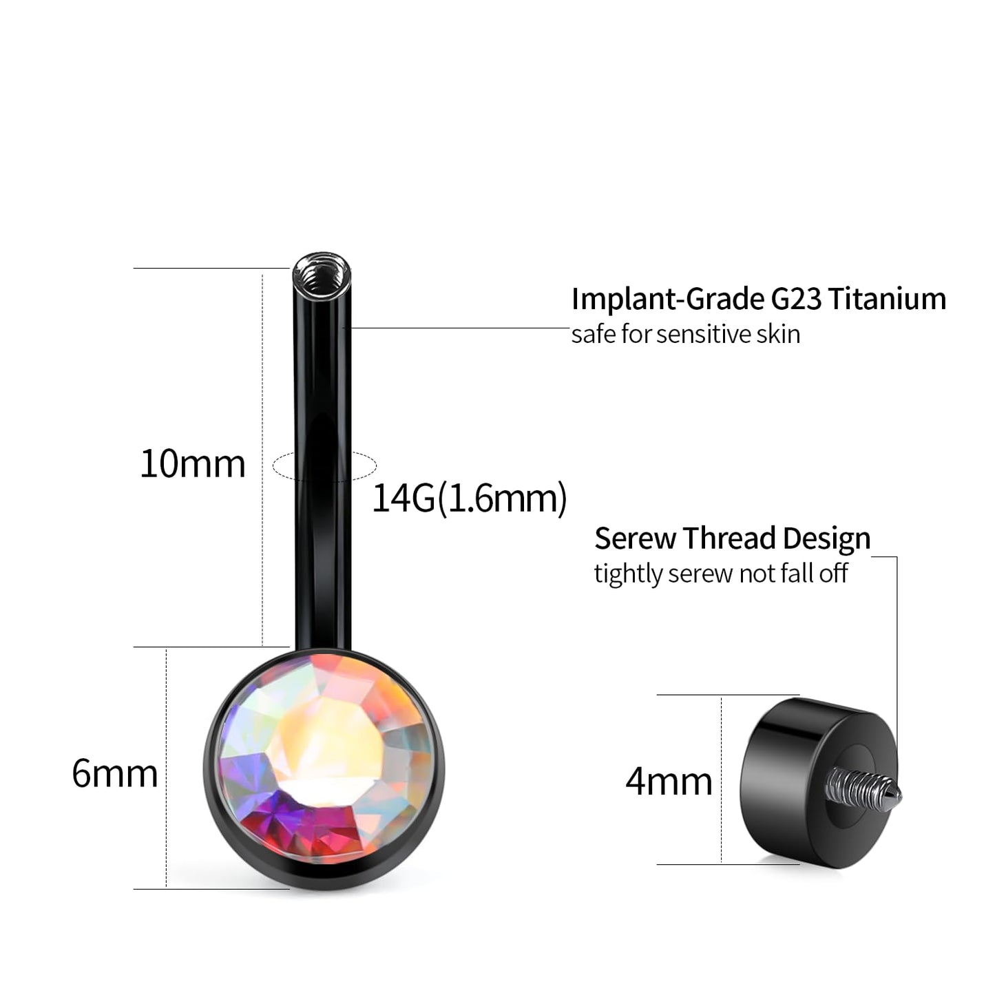 XUU Titanium Belly Button Rings, Black & Silver – 14G Internally Threaded Navel Piercing Jewelry, 10mm & 12mm Curved Barbells with 7 Colors Gems – Hypoallergenic (Black-AB, 10MM)