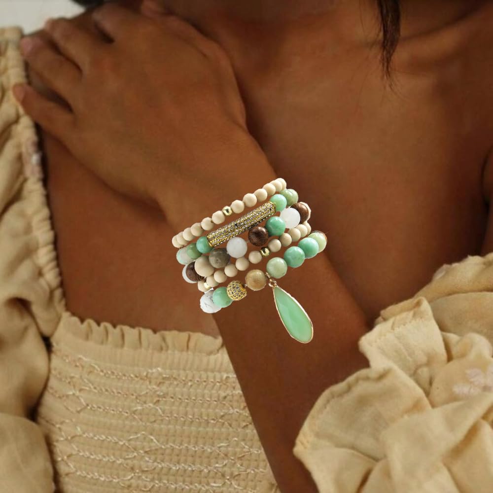 Yomisa Boho Beaded Bracelets for Women,Multilayer Wrap 5PCS Healing Natural Stone Agate Bead Bracelets Handmade Stackable Friendship Stretchy Beaded Bracelet Set Trendy Bohemian Jewelry Gift for Women