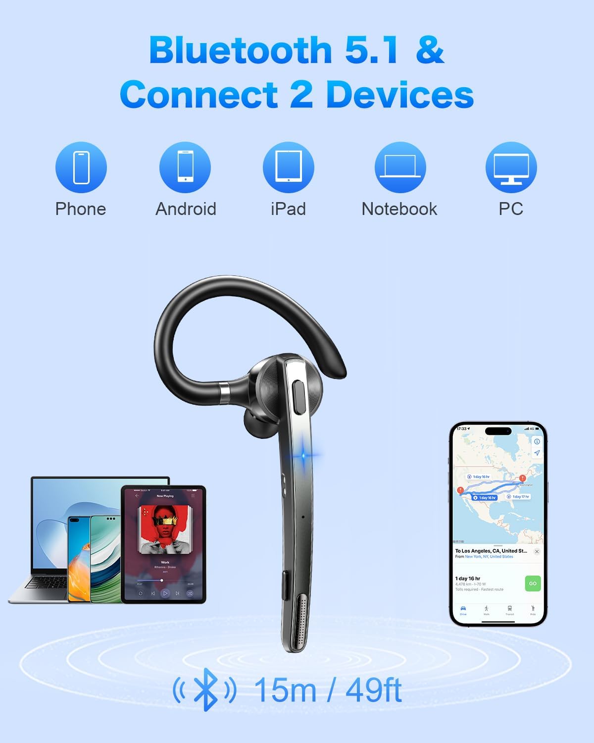 FEYCH Bluetooth Headset, Bluetooth Earpiece with 500mAh Charging Case 72H Talktime ENC Noise Cancelling Microphone V5.1 Hands-Free Wireless Headset for Cell Phone Call Office Business Driving