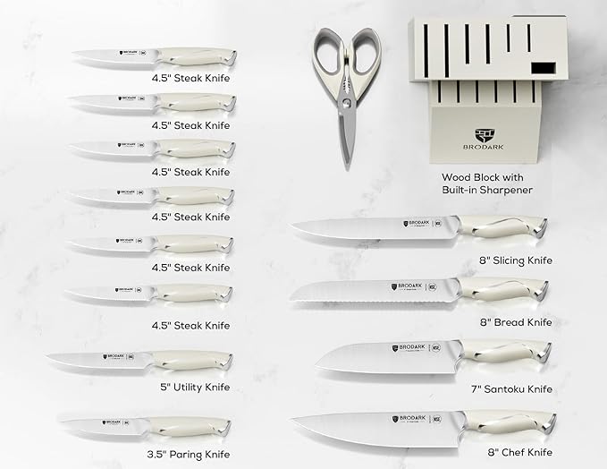 BRODARK Kitchen Knife Sets with Block and Built-in Sharpener - Ultra Sharp15 Pcs Full Tang Professional Chef Knife Set, High Carbon Super Steel Cutlery Set, Ivory Series with Gift Box for Mom