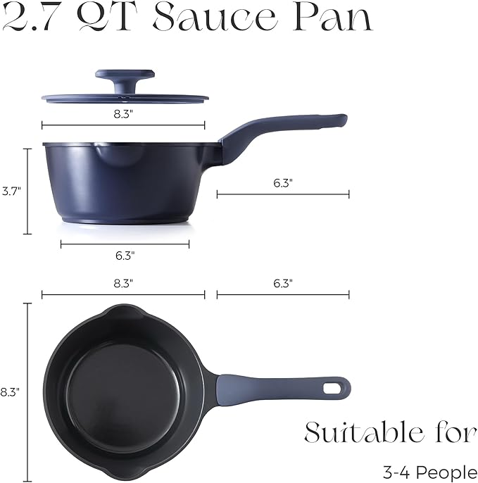 PRICUSIS Ceramic Nonstick Saucepan with Lid, 2.7 Quart Non Toxic Pot with Pour Spouts, Full Coated, 100% Dishwasher Safe, Induction Compatible & Oven Safe, PTFE PFAS & PFOA Free, Blueberry Mist