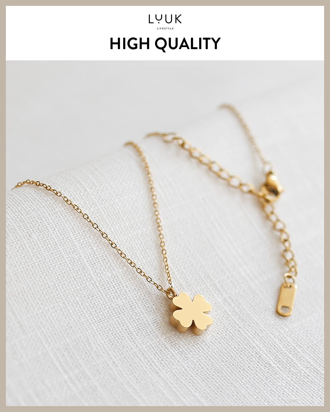 LUUK LIFESTYLE Feminine necklace made of stainless steel with clover pendant and HAPPINESS gift card, fashion jewelry for women and teenagers, 19”, travel lucky charm, trendy accessory for her, gold